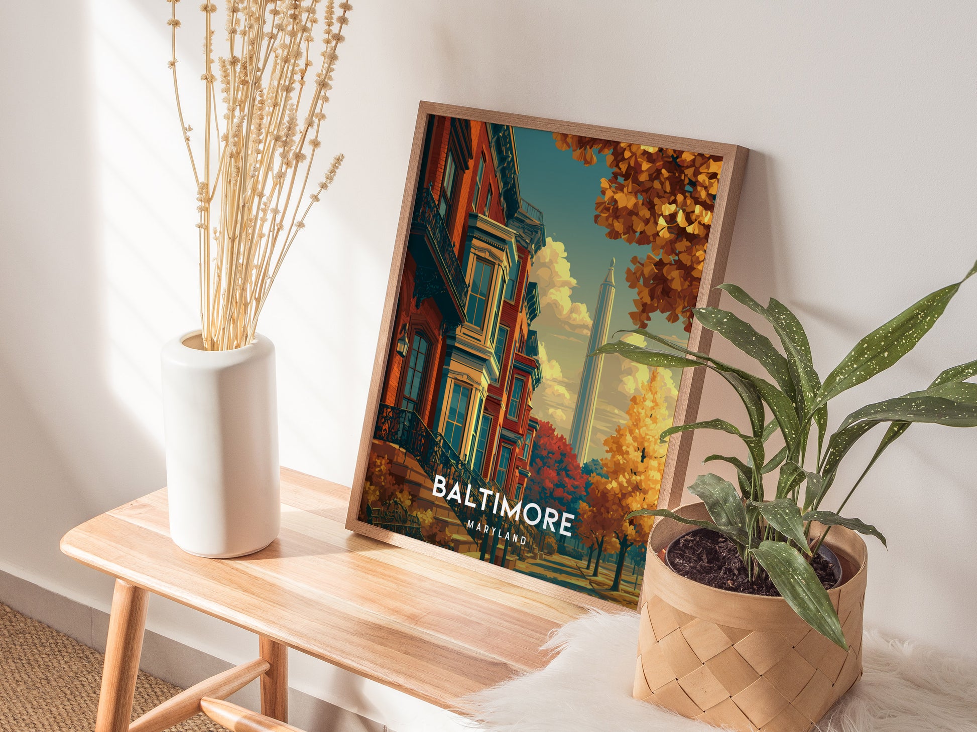 Baltimore, Maryland Poster | Harbor Skyline & Charm City Wall Art — styled in a modern interior