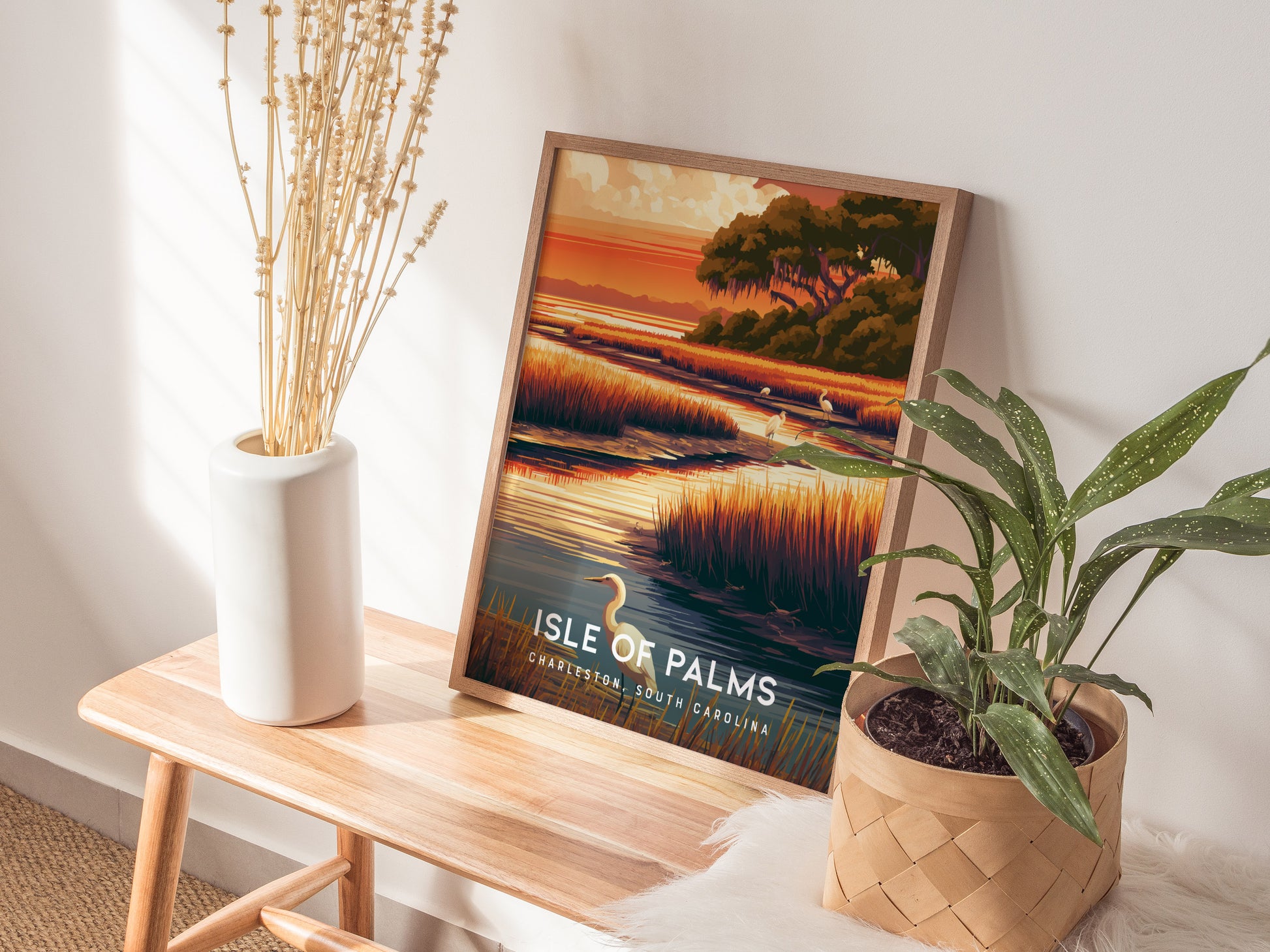 Isle of Palms, South Carolina Poster | Golden Beach & Palm Tree Wall Art — styled in a modern interior