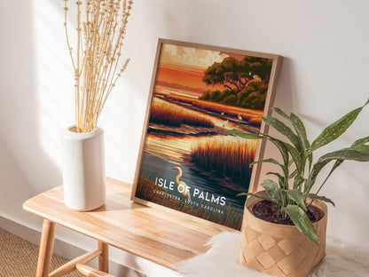 Isle of Palms, South Carolina Poster | Golden Beach & Palm Tree Wall Art — styled in a modern interior
