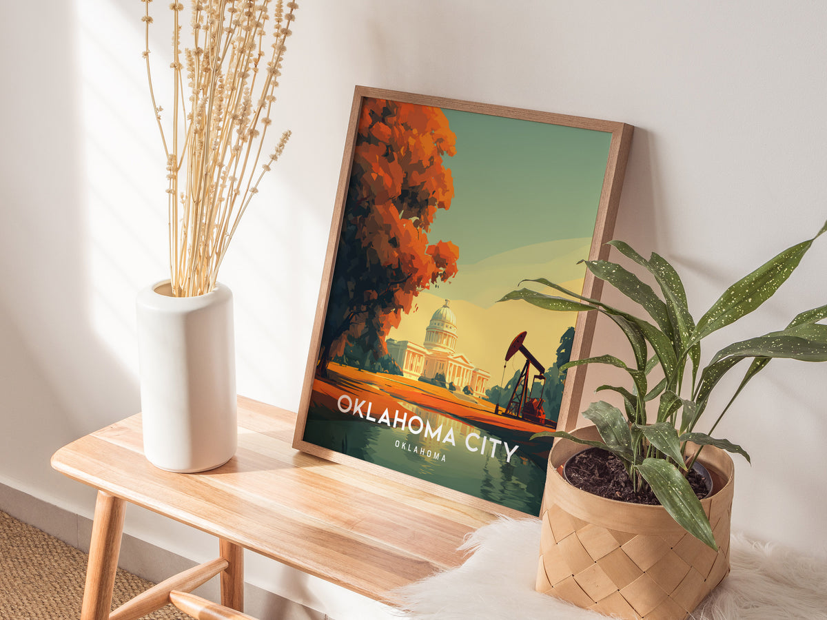 Oklahoma City, Oklahoma Poster | Bold Skyline & Prairie Charm Wall Art — styled in a modern interior