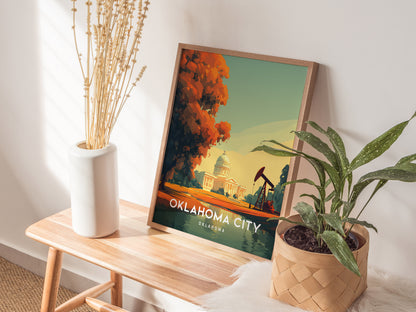 Oklahoma City, Oklahoma Poster | Bold Skyline & Prairie Charm Wall Art — styled in a modern interior