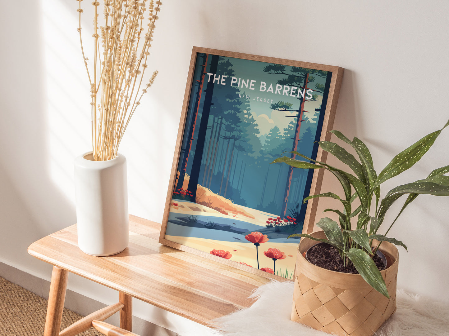 The Pine Barrens, New Jersey Poster | Misty Pines & Cranberry Bogs Wall Art — styled in a modern interior