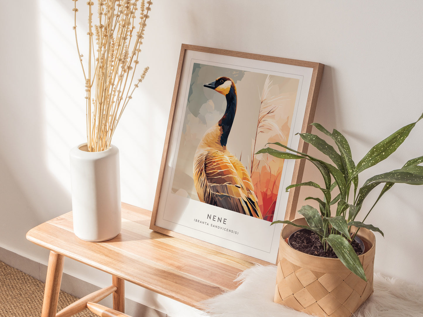 Nene (Hawaiian Goose), Hawaii Poster | Tropical Wildlife & Volcano Island Wall Art — styled in a modern interior
