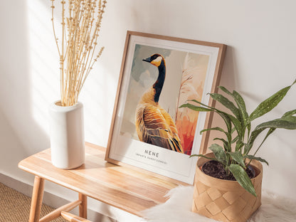 Nene (Hawaiian Goose), Hawaii Poster | Tropical Wildlife & Volcano Island Wall Art — styled in a modern interior