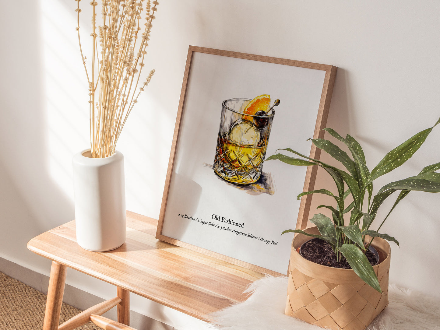 Old Fashioned Cocktail Poster | Vintage Pen & Ink Scientific Illustration Wall Art — styled in a modern interior