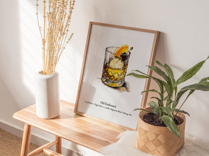 Old Fashioned Cocktail Poster | Vintage Pen & Ink Scientific Illustration Wall Art — styled in a modern interior