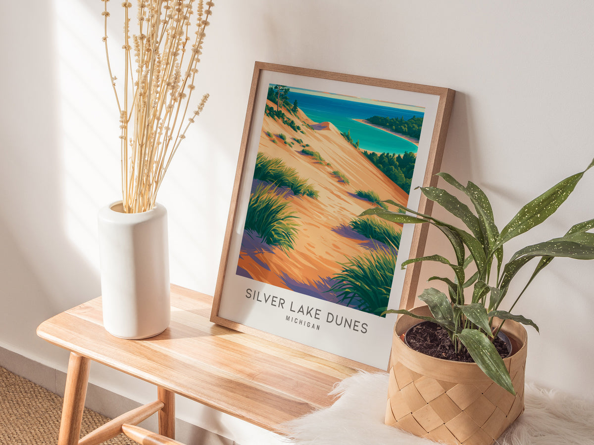 Silver Lake Dunes Matte Border Poster | Michigan Coastal Beach Decor Travel Wall Art — styled in a modern interior