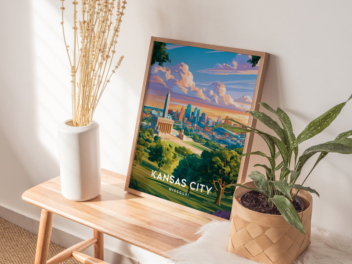 Kansas City, Missouri Poster | BBQ Jazz & Fountains Destination Print Wall Art — styled in a modern interior