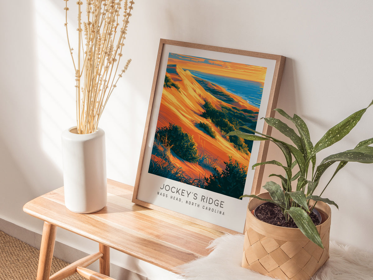 Jockey's Ridge Matte Border Poster | Nags Head, North Carolina Coastal Beach Decor — styled in a modern interior