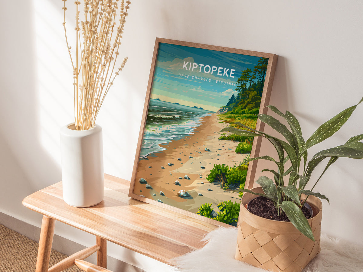 Kiptopeke, Cape Charles, Virginia Poster | Travel Wall Art Destination Print — styled in a modern interior