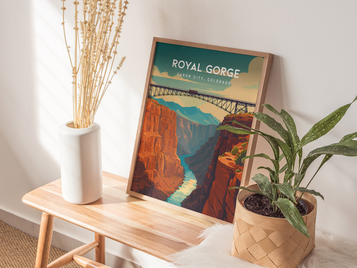 Royal Gorge, Canon City, Colorado Poster | Dramatic Canyon Bridge Destination Print Wall Art — styled in a modern interior