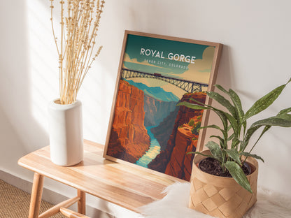 Royal Gorge, Canon City, Colorado Poster | Dramatic Canyon Bridge Destination Print Wall Art — styled in a modern interior