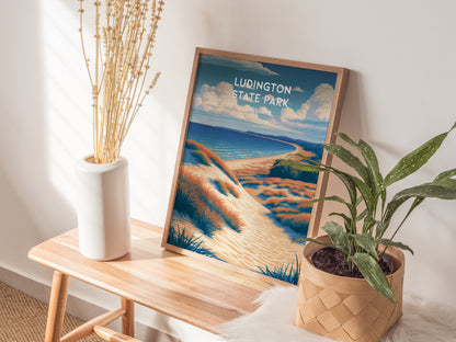 Ludington State Park, Michigan Poster | Dunes & Lighthouse Lakeshore Wall Art — styled in a modern interior