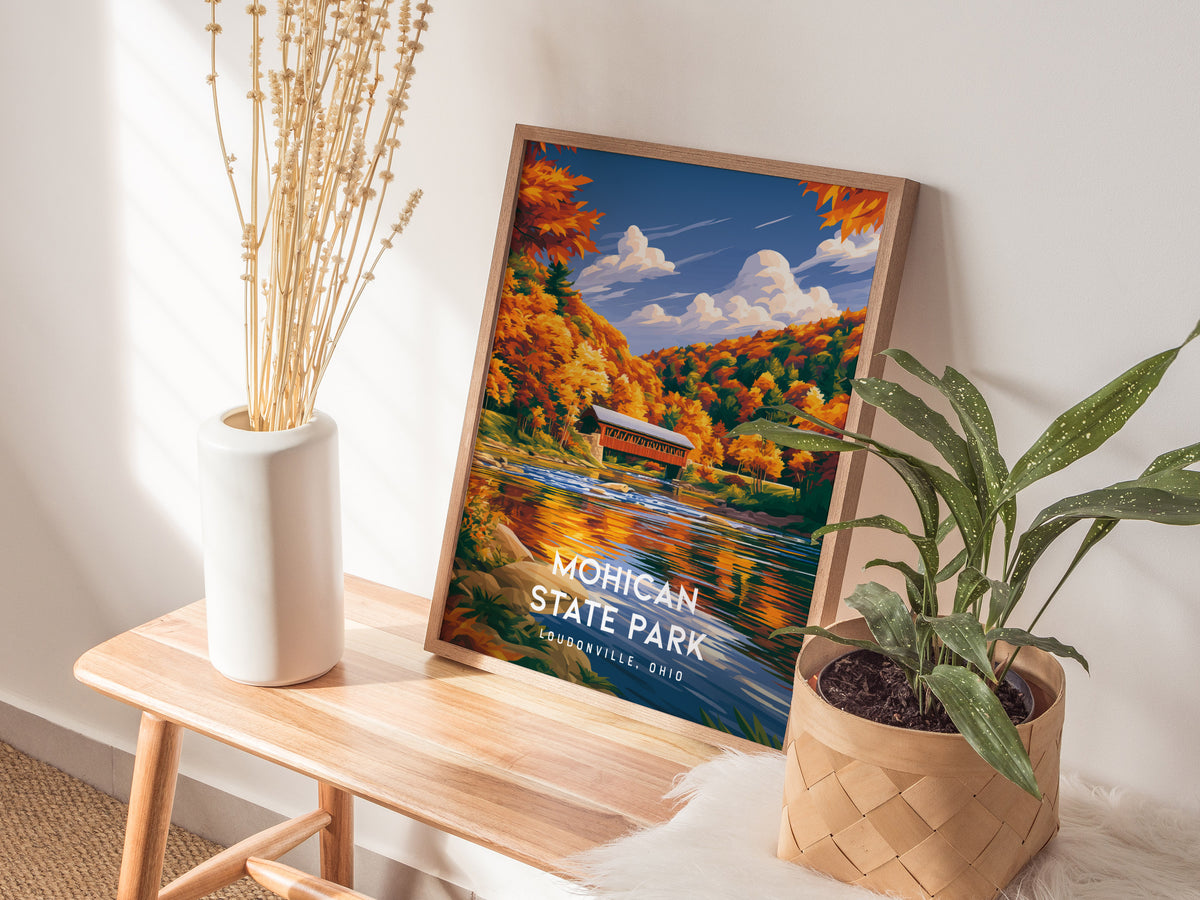Mohican State Park, Loudonville, Ohio Poster | Wilderness River & Forest Travel Wall Art — styled in a modern interior