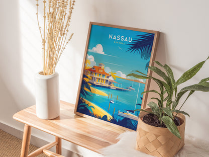 A Nassau Bahamas poster with vibrant colors leans against a wall on a wooden bench. Nearby, a white vase with dried stems.