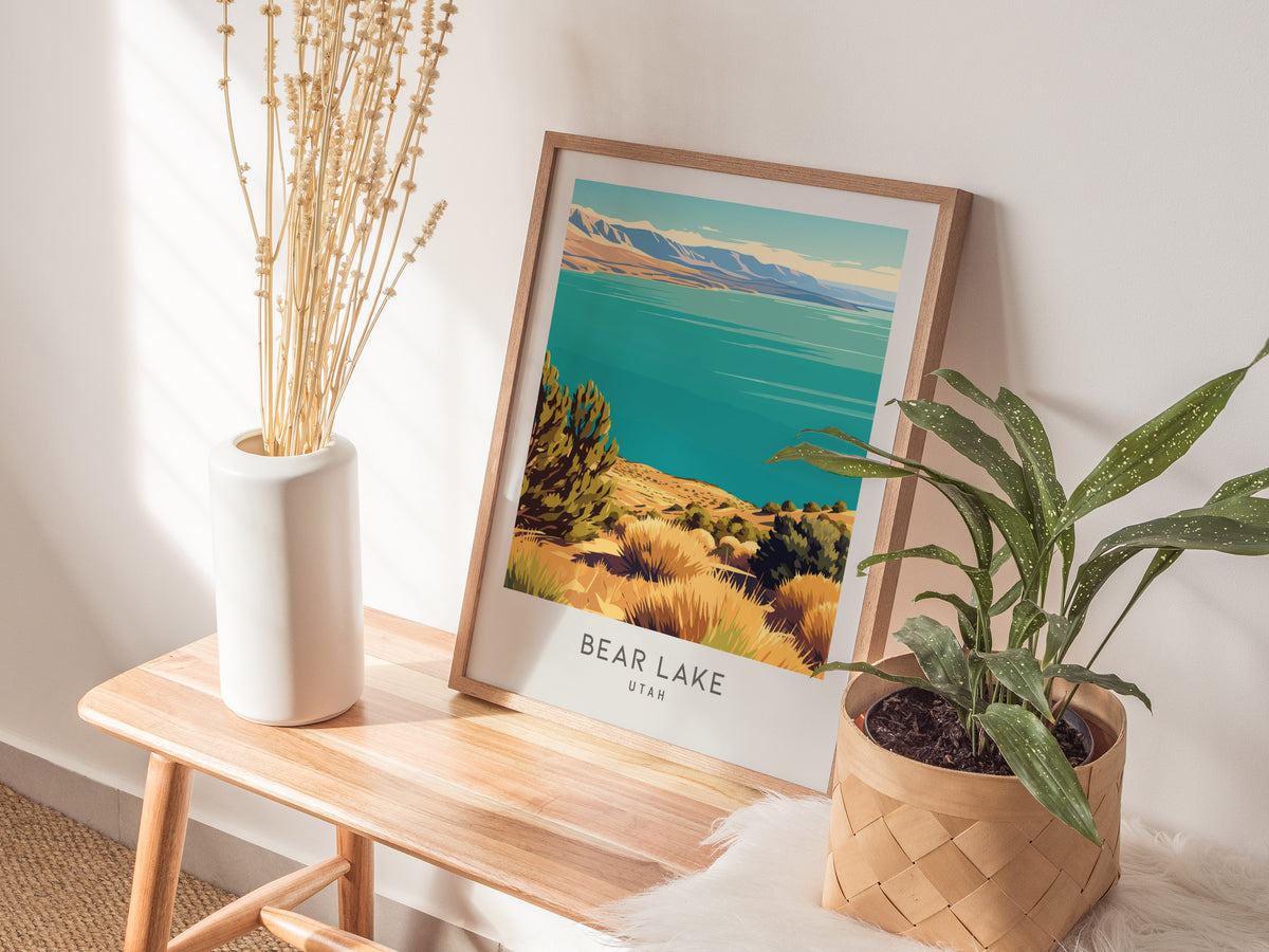 Bear Lake Matte Border Poster | Utah Travel Wall Art Coastal Beach Decor — styled in a modern interior