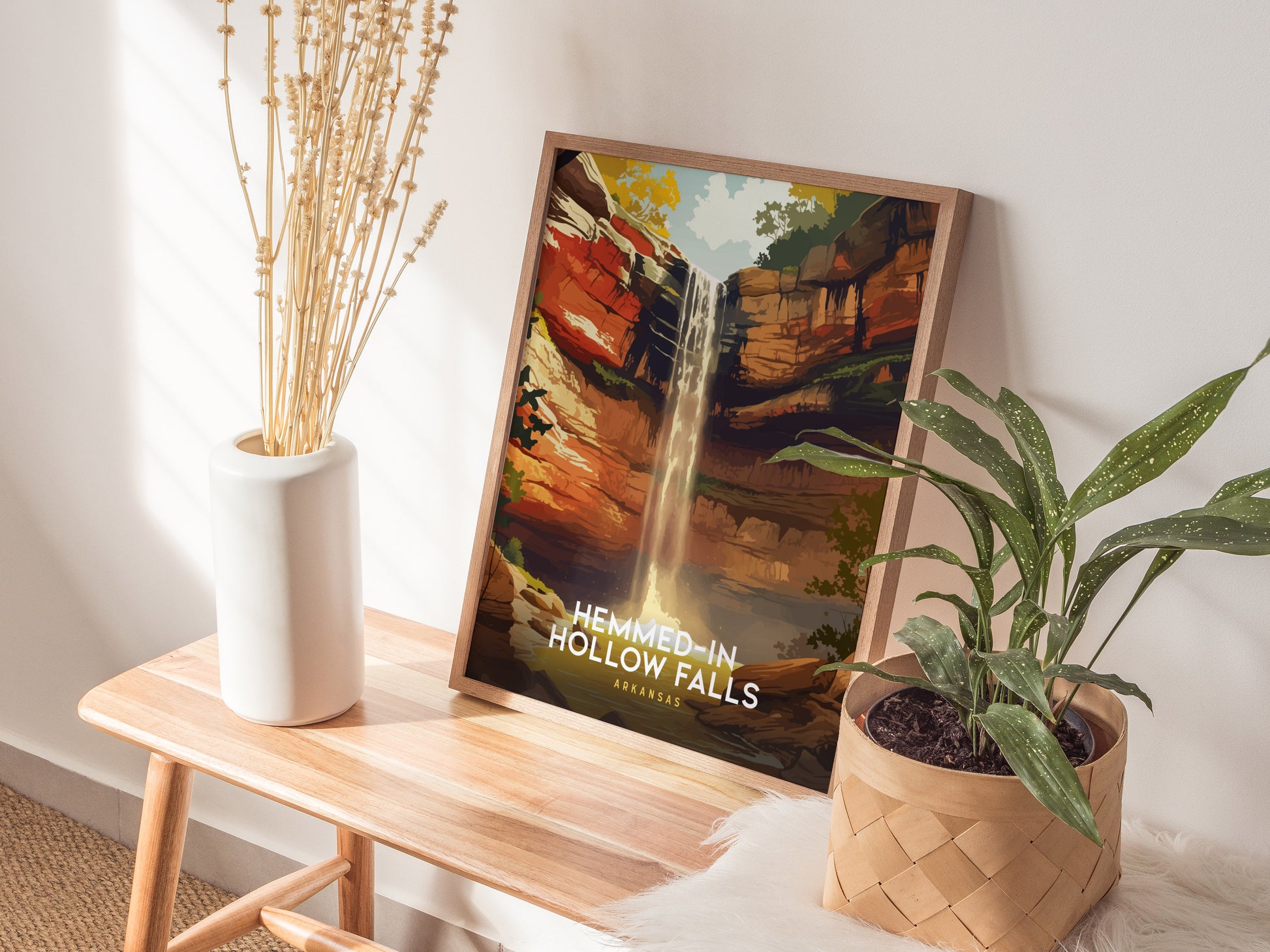 Illustrated Hemmed-In Hollow Falls in Arkansas, featuring a vibrant waterfall, lush greenery, and earthy tones in a travel art print.