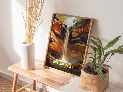 Illustrated Hemmed-In Hollow Falls in Arkansas, featuring a vibrant waterfall, lush greenery, and earthy tones in a travel art print.