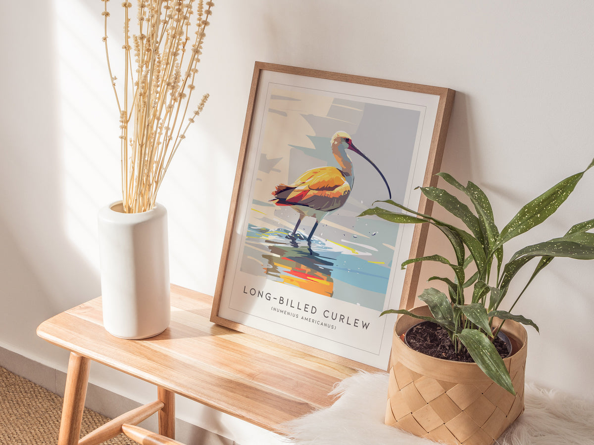 Long-billed Curlew, Numenius americanus Poster | Shorebird Wildlife Print Wall Art — styled in a modern interior