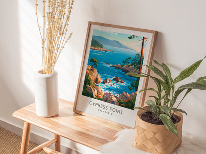 Cypress Point Matte Border Poster | California Vacation Wall Art Beach House Decor — styled in a modern interior