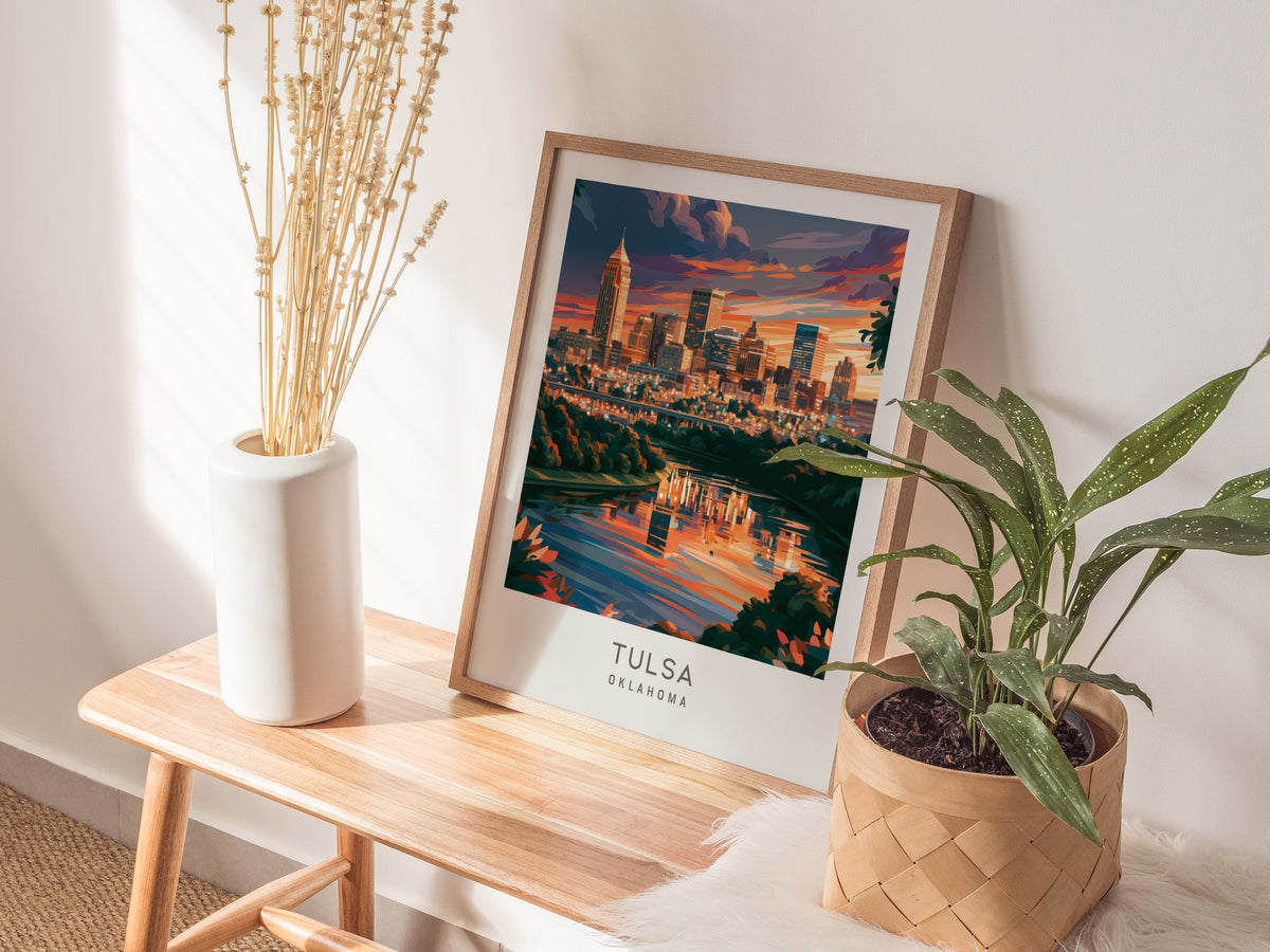 Tulsa Matte Border Poster | Oklahoma Destination Print Travel Wall Art — styled in a modern interior