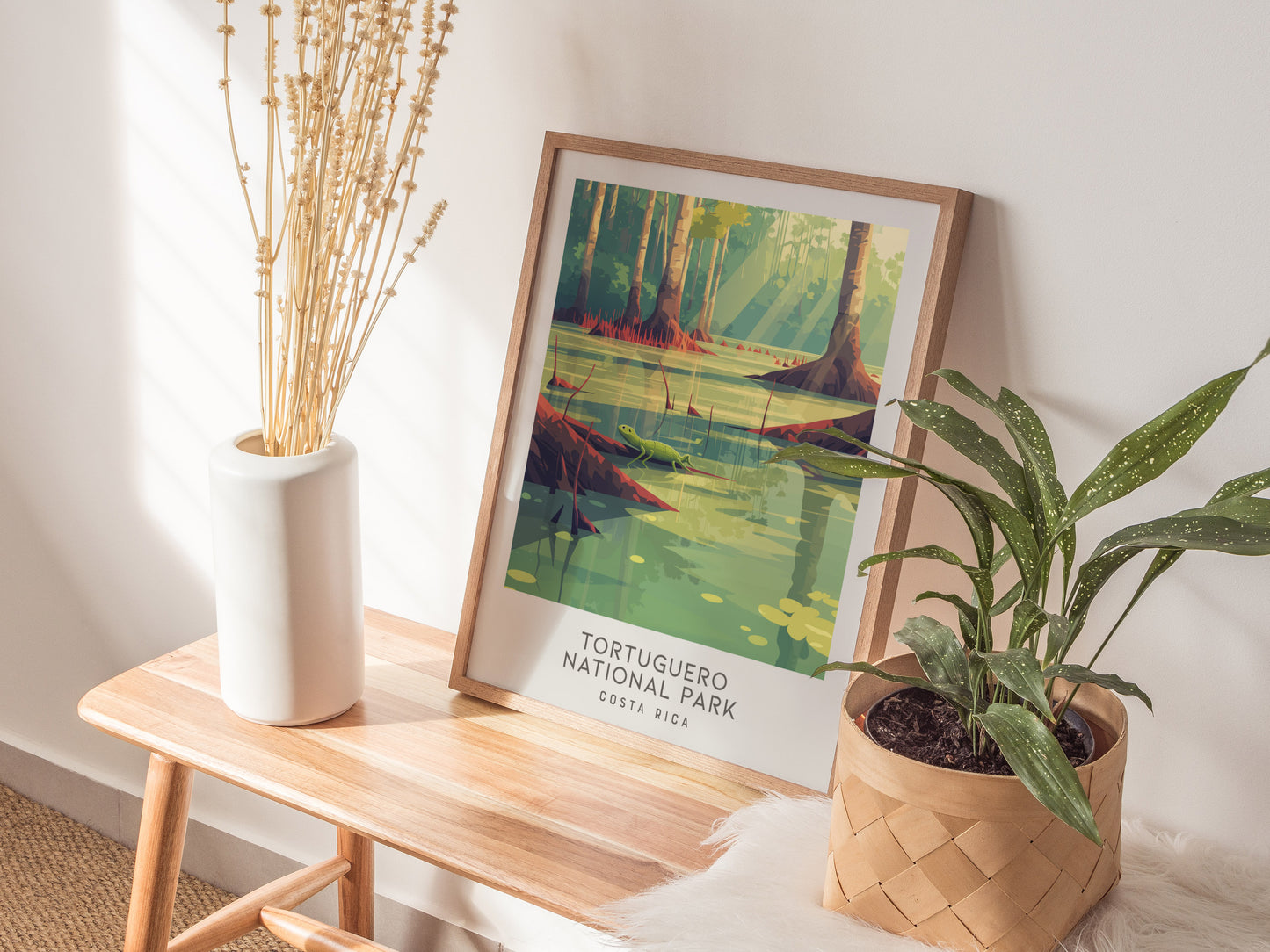 Tortuguero National Park Matte Border Poster | Costa Rica Travel Wall Art — styled in a modern interior