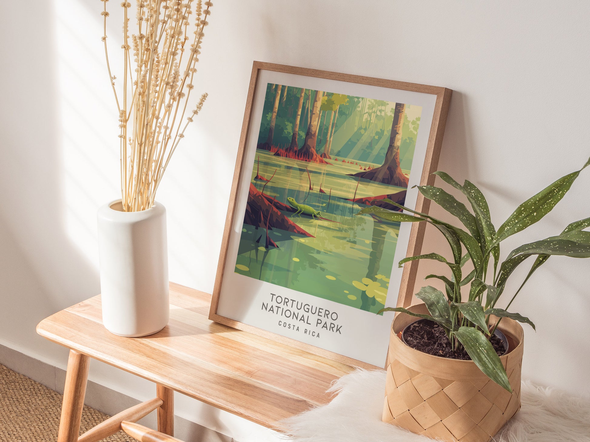 Tortuguero National Park Matte Border Poster | Costa Rica Travel Wall Art — styled in a modern interior