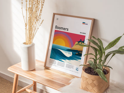 Boomers, California Poster | Golden Surf Break Barrel Wave Wall Art — styled in a modern interior