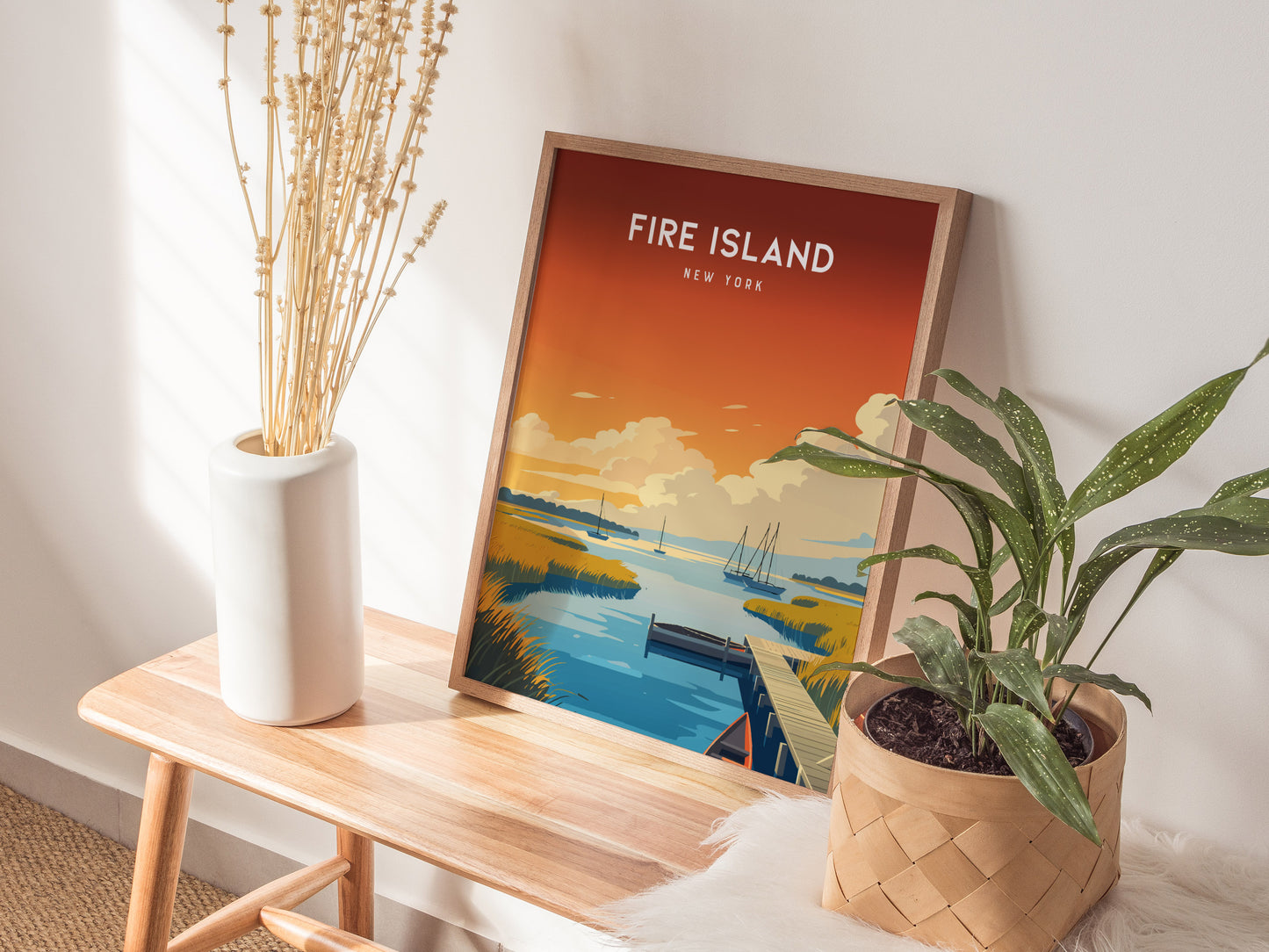Fire Island, New York Poster | Dunes & Lighthouse Seaside Wall Art — styled in a modern interior