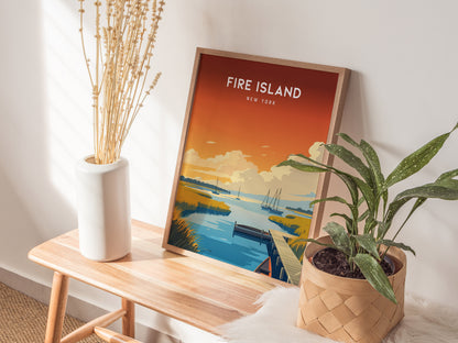 Fire Island, New York Poster | Dunes & Lighthouse Seaside Wall Art — styled in a modern interior