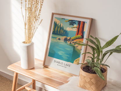Diablo Lake Matte Border Poster | Washington Travel Wall Art — styled in a modern interior
