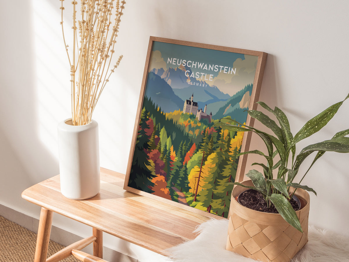 Neuschwanstein Castle, Germany Poster | Fairytale Alpine Fortress Framed or Unframed Wall Art — styled in a modern interior