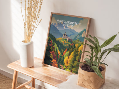 Neuschwanstein Castle, Germany Poster | Fairytale Alpine Fortress Framed or Unframed Wall Art — styled in a modern interior