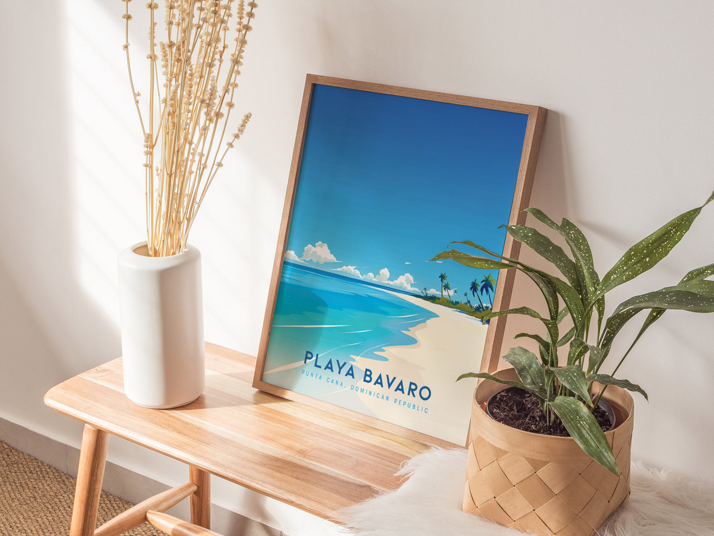 Framed Punta Cana Beach poster featuring Playa Bavaro's serene sand, vibrant blue ocean, and lush palm trees, perfect travel art.