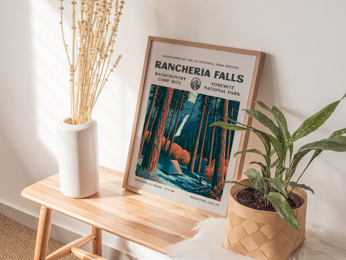 Rancheria Falls, Yosemite National Park Poster | Hiker Gift | Backcountry Trail Wall Art — styled in a modern interior