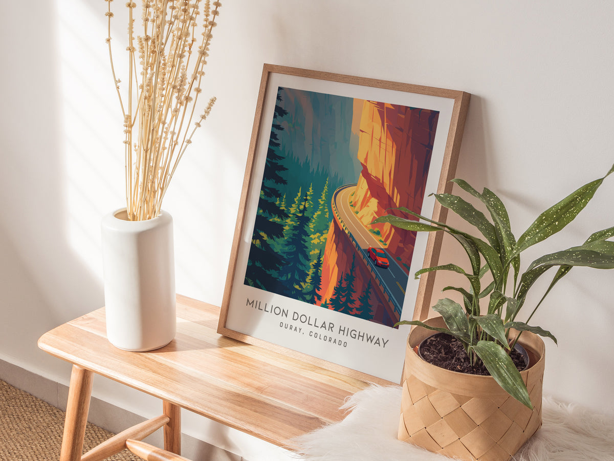Million Dollar Highway Matte Border Poster | Ouray, Colorado Destination Print — styled in a modern interior