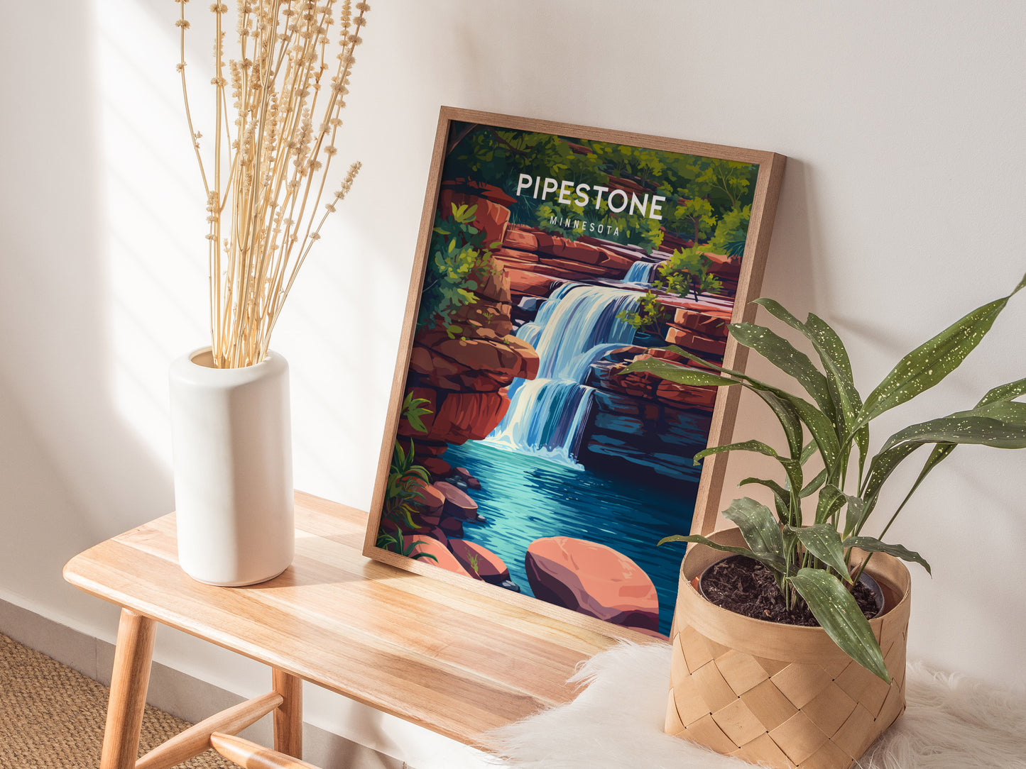 Pipestone, Minnesota Poster | Sacred Quarry & Prairie Sunset Wall Art — styled in a modern interior