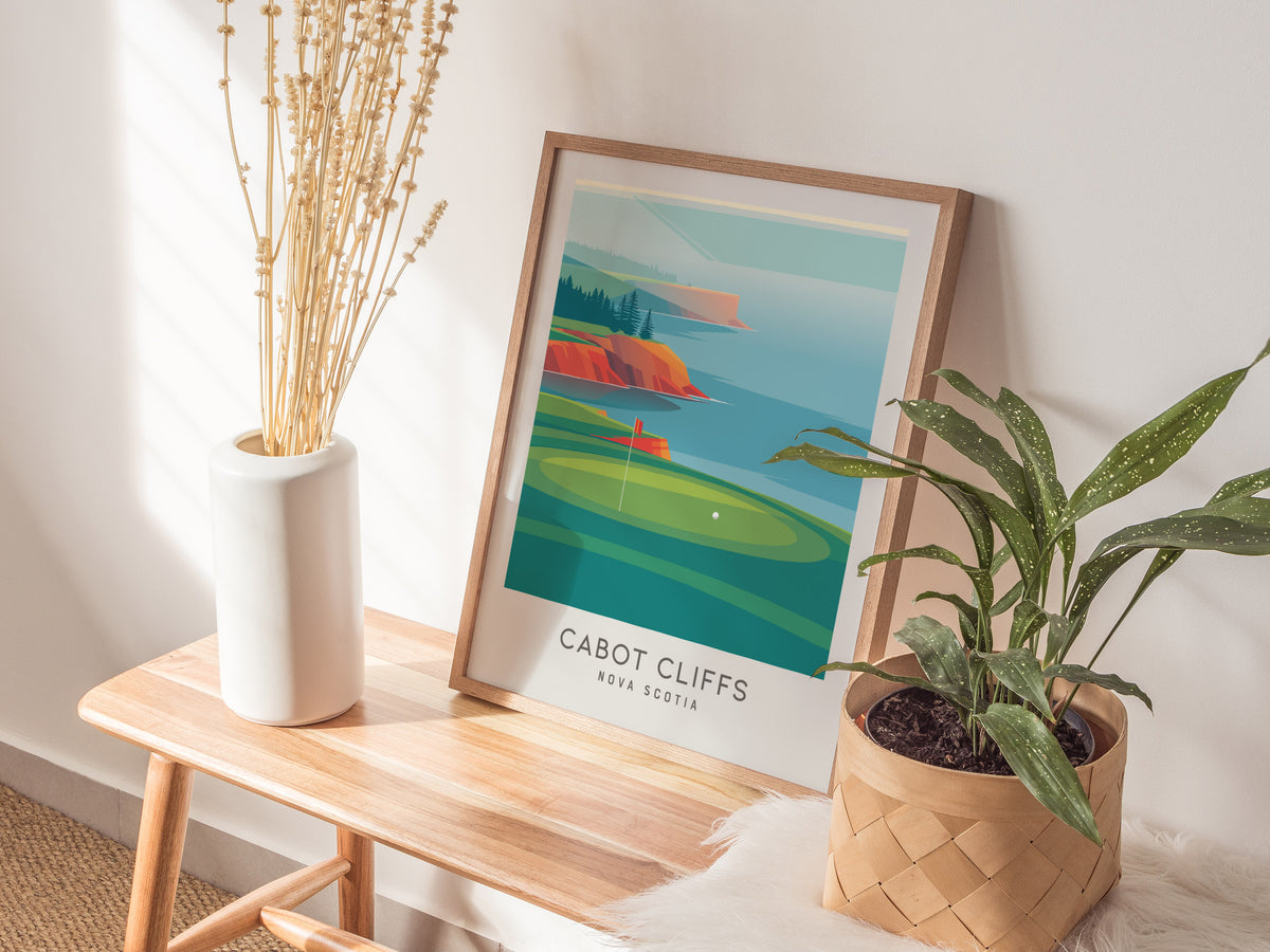 Cabot Cliffs Matte Border Poster | Nova Scotia Golf Wall Art Golfer Gift — styled in a modern interior
