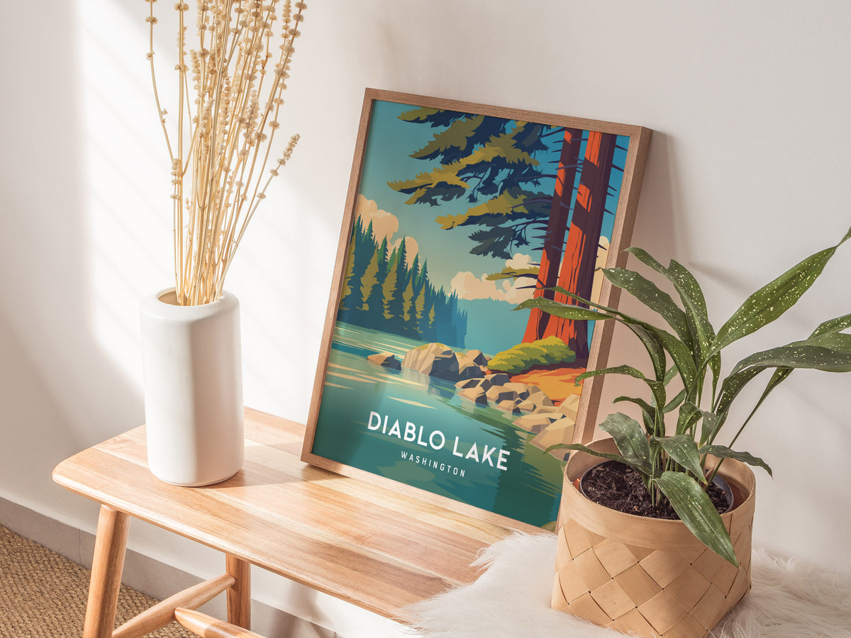 Diablo Lake, Washington Poster | Alpine Wilderness Destination Print Wall Art — styled in a modern interior