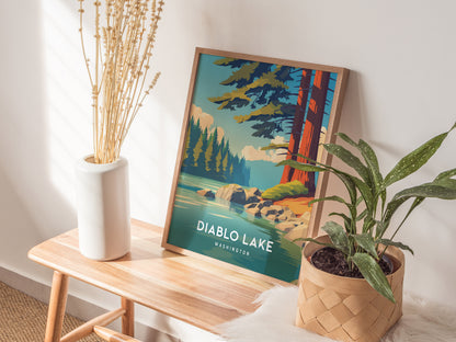 Diablo Lake, Washington Poster | Alpine Wilderness Destination Print Wall Art — styled in a modern interior