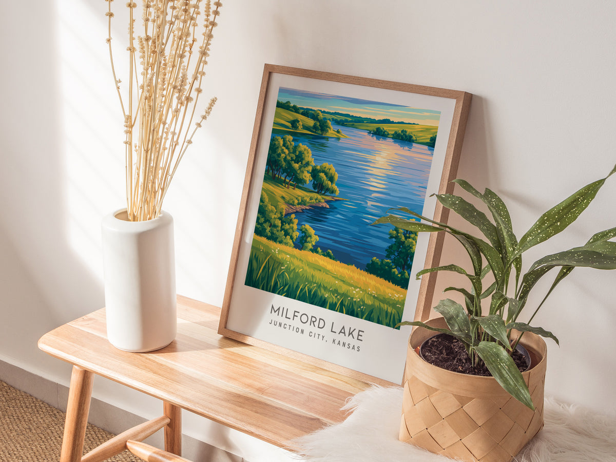 Milford Lake Matte Border Poster | Junction City, Kansas Travel Wall Art — styled in a modern interior