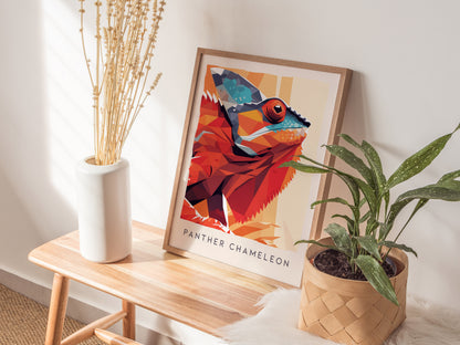 Panther Chameleon Poster | Vibrant Rainforest Reptile Wildlife Wall Art — styled in a modern interior