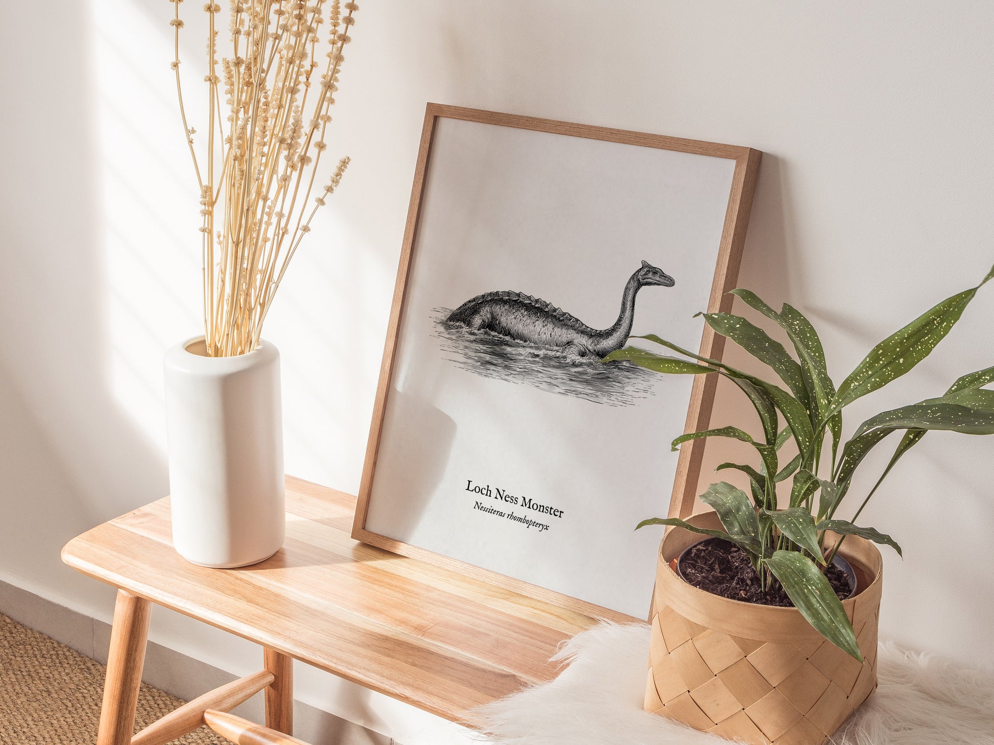 Loch Ness Monster Poster | Vintage Nessiteras rhombopteryx Zoological Illustration Wall Art — styled in a modern interior