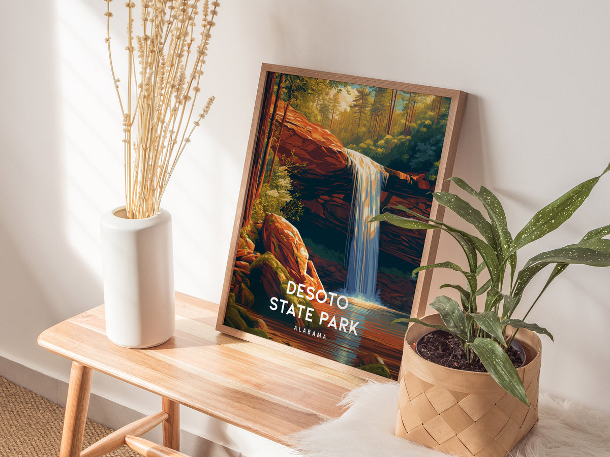 DeSoto State Park, Alabama Poster | Waterfalls & Woodland Trail Wall Art — styled in a modern interior