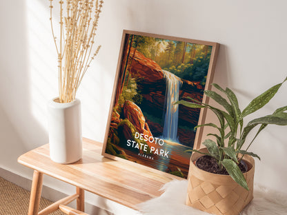 DeSoto State Park, Alabama Poster | Waterfalls & Woodland Trail Wall Art — styled in a modern interior
