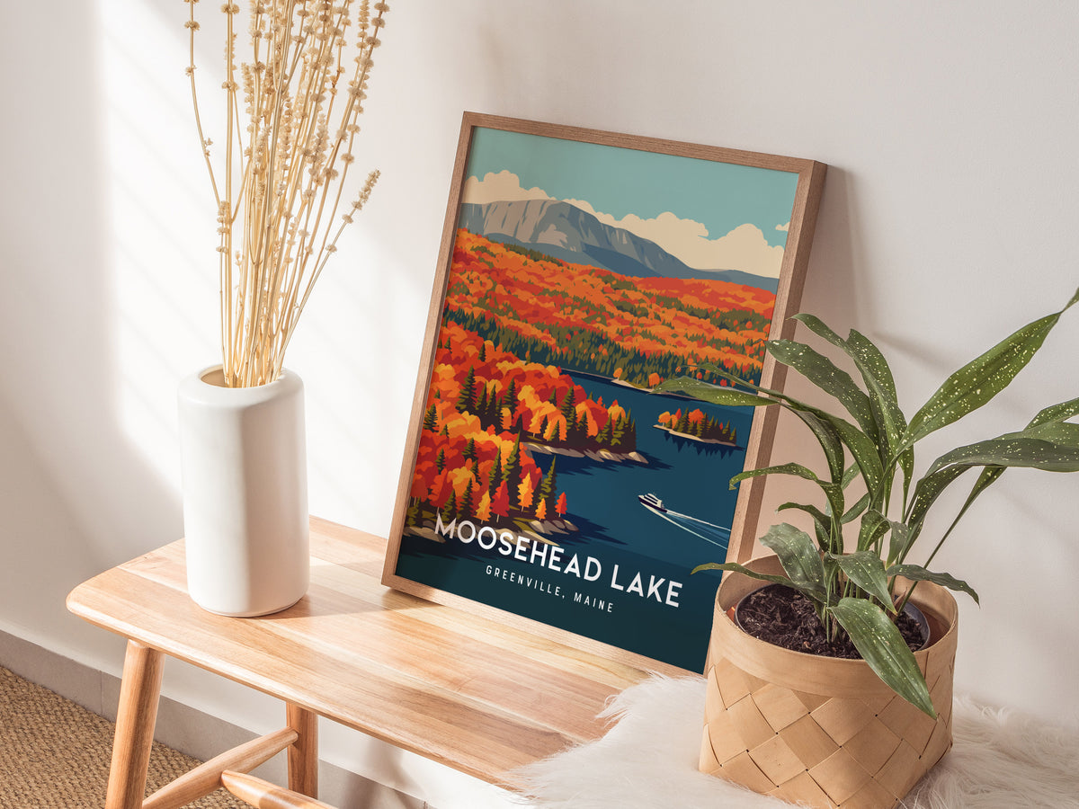 Moosehead Lake, Greenville, Maine Poster | Lakeside Wilderness Retreat Framed or Unframed Wall Art — styled in a modern inter