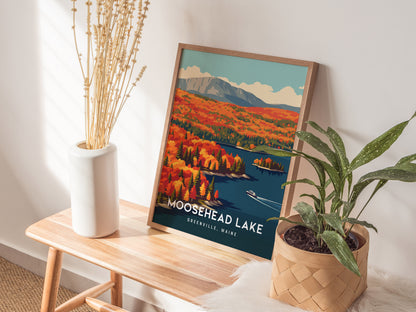 Moosehead Lake, Greenville, Maine Poster | Lakeside Wilderness Retreat Framed or Unframed Wall Art — styled in a modern inter