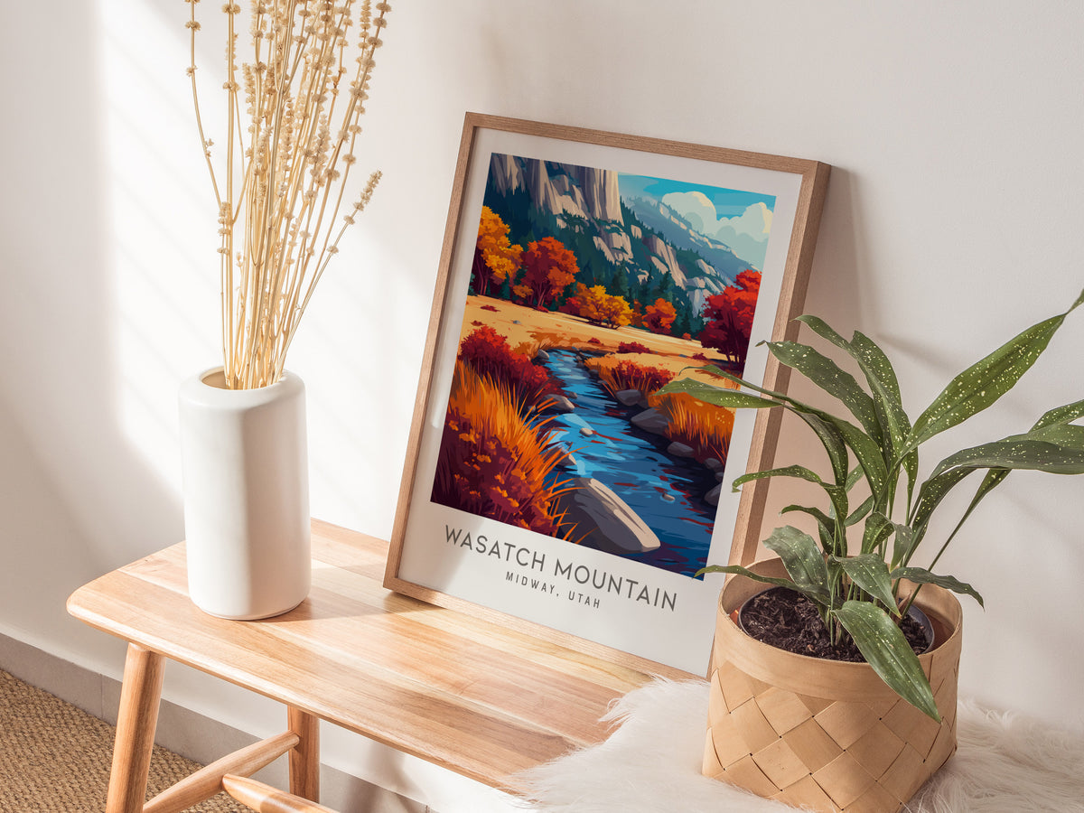 Wasatch Mountain Matte Border Poster | Midway, Utah Travel Wall Art — styled in a modern interior