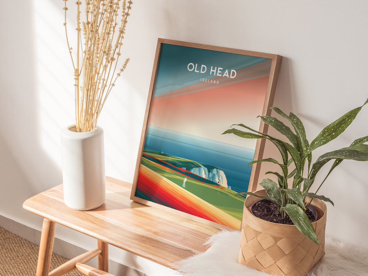 Old Head, Ireland Poster | Dramatic Cliffs & Fairway Golfer Gift Wall Art — styled in a modern interior