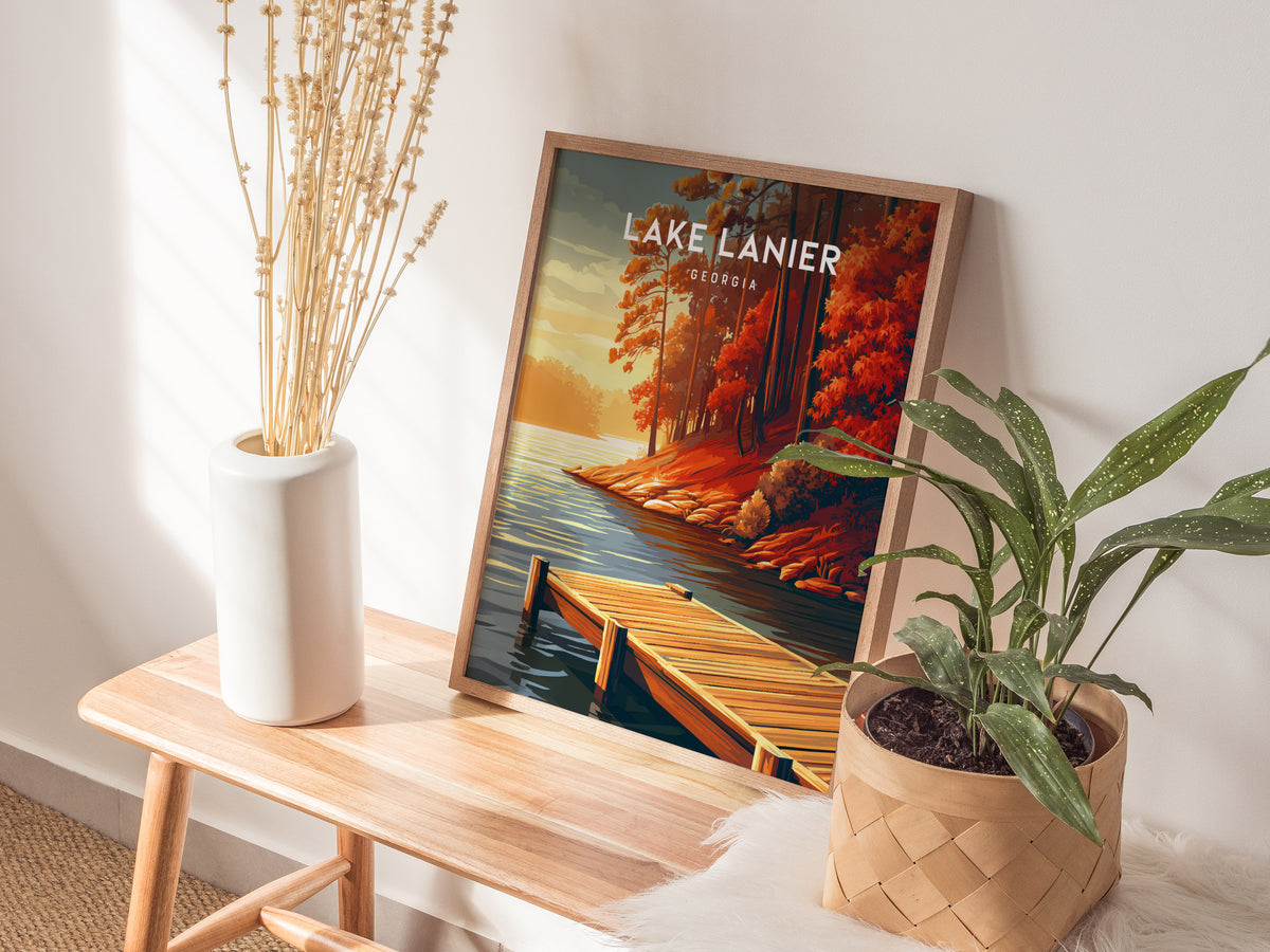 Lake Lanier, Georgia Poster | Serene Lakeside Vacation Wall Art — styled in a modern interior